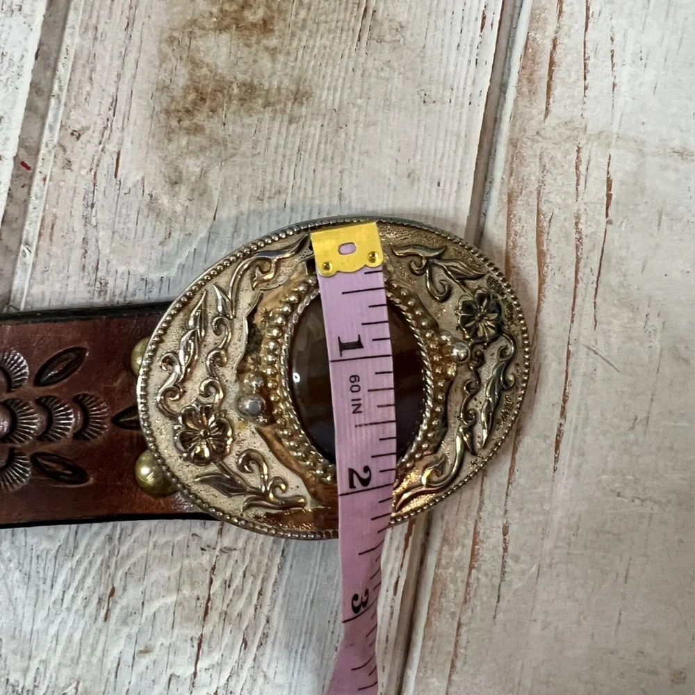 Western Tooled Leather Belt with Decorative Agate Buckle